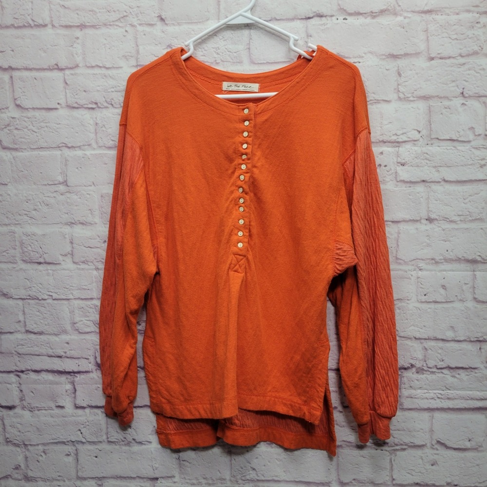 Free People Back At It Knit Orange Henley‎ Top Womens S Oversized Hippie Lounge